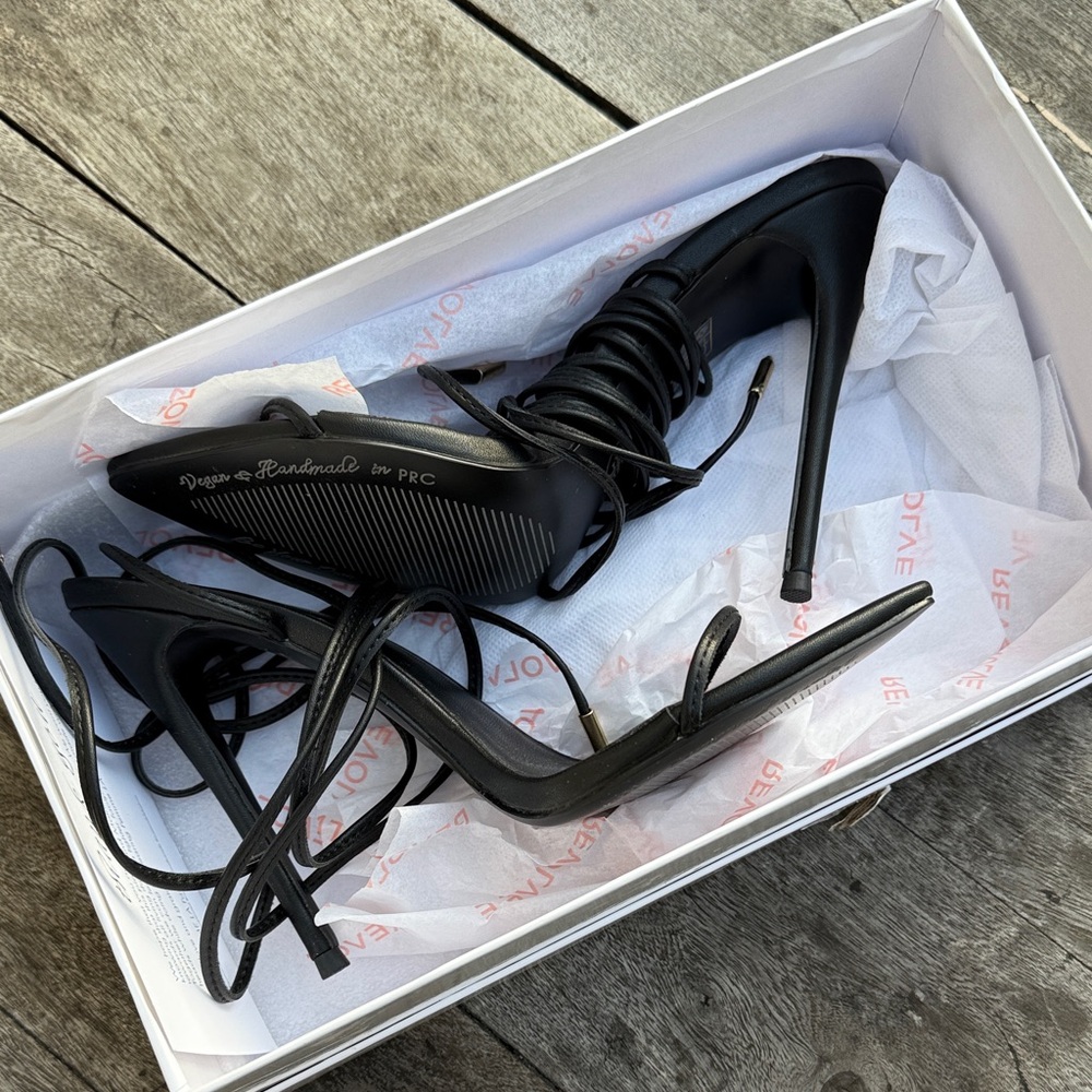 NEW Femme Luce Minima Black Lace Up Wrap Heels - Picture 6 of 9